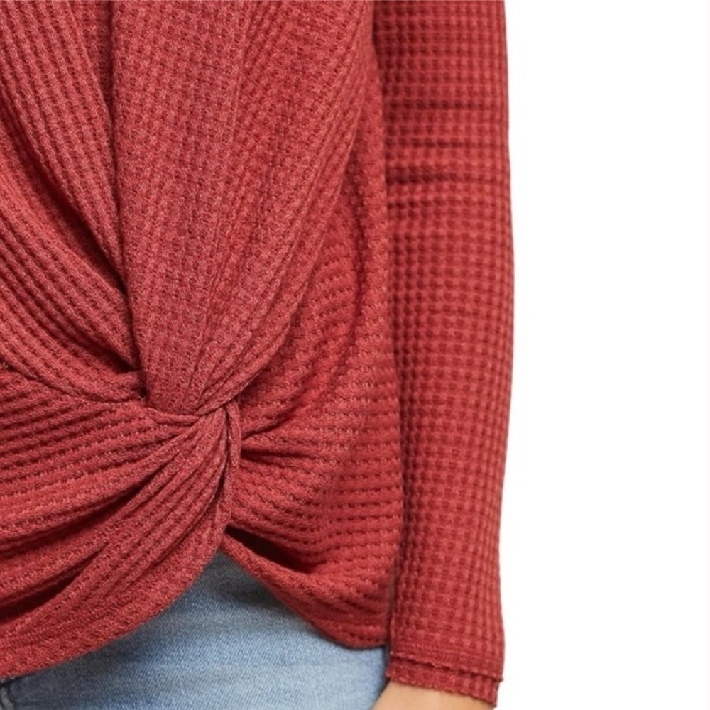 Anthropologie Akemi + Kin Rust Knotted Thermal Waffle Knit V-Neck Top Size S - Picture 3 of 8